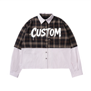 Custom Plaid Long Sleeve Shirt <b>Men</b> Streetwear Oversized Fit Contrast Trim White Dripping Print Front - Product Image 2