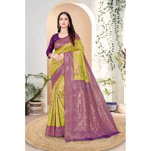 DISEÑADOR KANJIVARAM ZARI TEJIDO TRABAJO SAREE CON BLUSA DESCOSADA LORO VERDE - Product Image 1