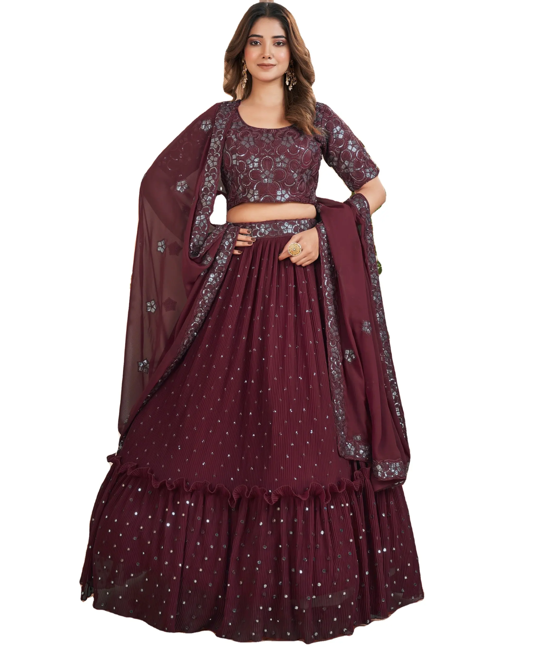 Dernière nouvelle collection Choli pour vêtements pour femmes Georgette semi-cousue Marun couleur Lehenga Choli fabricant et grossiste Inde
