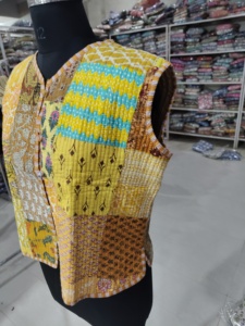 Yellow Patchwork <b>Quilted</b> Vest Women's V-Neck Sleeveless <b>Jacket</b> Hand Embroidered Cotton Summer Woven <b>Patterned</b> Top GIFT FOR HER - Product Image 3