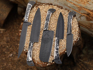 Couteaux de chef ambidextres faits main sur mesure, nouveau design, acier J2, revêtement en poudre, lame droite martelée, ensemble de 5 couteaux - Product Image 4