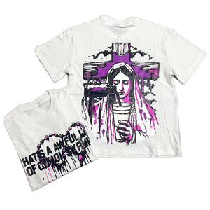 T-shirt da uomo bianca a maniche corte all'ingrosso con stampa artistica religiosa e <span class=keywords><strong>testo</strong></span>, stile streetwear, vestibilità regolare, girocollo - Product Image 4