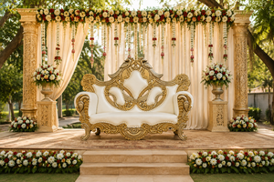 Conjunto de sofás dorados de lujo para la recepción de bodas Golden Grandeur, conjunto de sofás de madera dorada para la decoración del escenario de bodas, sofá para recepción, EE. UU. - Product Image 6