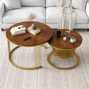 Mesa de Centro Moderna de Lujo en Madera Contrachapada con Superficie de Aspecto Mármol y Base de Listones Metálicos Dorados, Mesa de Centro Contemporánea para Sala de Estar - Product Image 6