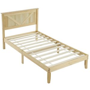 Twin Size Solid Wood <b>Platform</b> <b>Bed</b> <b>Frame</b> Hand Carved Headboard Natural Design for Farmhouse Rustic Soft Poster Sleigh Canopy - Product Image 1