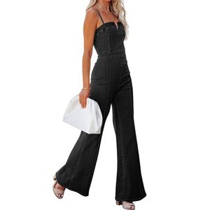 Combinaison en jean noire personnalisée à col cœur, sans manches, en coton de qualité supérieure, avec pantalon évasé à jambes larges - Product Image 3