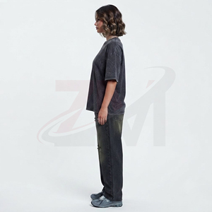Camiseta de Algodón Lavado Oversize para Mujer, Cuello Redondo, Corte Holgado, Color Liso, Manga Regular, Tejido de Punto Jersey, Estilo para Todas las Estaciones - Product Image 2