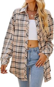 Wholesale Womens Oversized Plaid Flannel Shirt Long Sleeve Button Down Shacket Dark Green Beige <b>Checkered</b> Casual Loose Fit Blous - Product Image 6