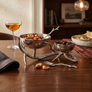 Handcrafted Silver Aluminum Two Serving Cluster Bowl With <b>Decorative</b> <b>Twig</b> Antler Stand For Elegant Dining And Home Decoration - Product Image 1