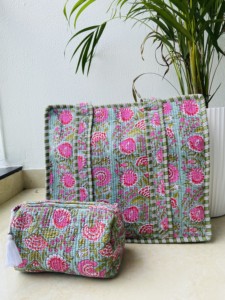 Sac fourre-tout matelassé indien fait main avec fermeture éclair, pochette de toilette et de maquillage, sac à bandoulière pour le shopping - Product Image 2