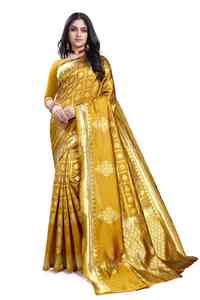 Sari Tradicional Indio de Seda con Patrón Floral Dorado y Borde para Mujer, Diseño Elegante para Bodas y Fiestas - Product Image 6