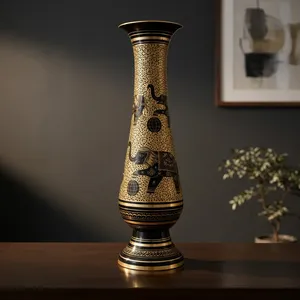 Handcrafted Black Brass <b>Decorative</b> <b>Vase</b> Elegant Gold Engraved Metal Urn Table Centerpiece Home Decor - Product Image 4