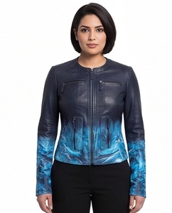Veste d'hiver coupe-vent en cuir véritable bleu ombré pour femme, style motard, avec plusieurs fermetures éclair, teinture dégradée, coupe ajustée, personnalisable, vente en gros - Product Image 1