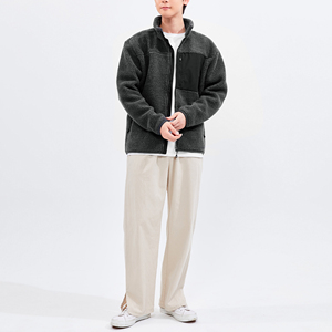 Men's <b>Fleece</b> Jacket Solid Color Stand Collar <b>Zipper</b> Closure Casual Winter Wear Polyester/Cotton Material Regular Fit Embroidery - Product Image 3