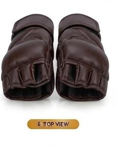 Gants de boxe MMA en cuir PU marron, demi-doigts, avec support de poignet Velcro - Product Image 3