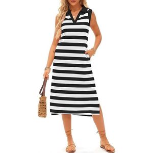 Abito Lungo Estivo da Donna 2025 Senza Maniche con Scollo a V, Vestito Casual a Righe con Tasche, Nero XL - Product Image 2