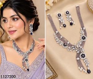 Elegant Floral AD Crystal Necklace & Dangle Earrings <b>Set</b> Luxury Handcrafted Pearl <b>Beaded</b> Bridal Jewelry <b>Sets</b> For Wedding Parties - Product Image 1