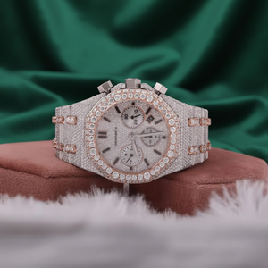 Reloj de Lujo Cronógrafo con Incrustaciones de Moissanita, Oro Rosa, Plata, Completamente Cubierto de Piedras, Acero Inoxidable - Product Image 1