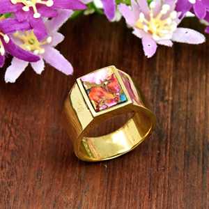 Bague fine artisanale en or vermeil 18 carats avec pierre précieuse naturelle turquoise huître rose, forme carrée, pour homme - Product Image 3