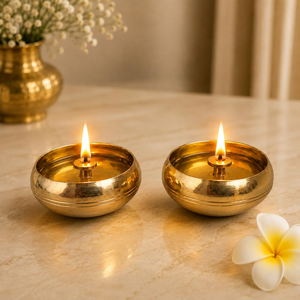 Brass Bowl Nanda Diya Set of 2 Brass Oil Lamps with Decorative Bowl <b>for</b> <b>Pooja</b> Hindu Prayer <b>Home</b> Temple <b>Mandir</b> Diwali Festival - Product Image 1