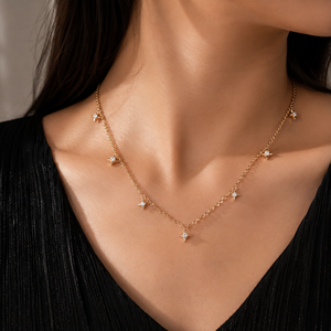 สร้อยคอ Celestial Star Moissanite Station ทองคำ 14K สีเหลืองสำหรับผู้หญิง ประดับด้วยชาร์มทรงกลม 7 เม็ด น้ำหนัก 0.28 กะรัต เครื่องประดับชั้นดีสำหรับใช้ในชีวิตประจำวัน - Product Image 1