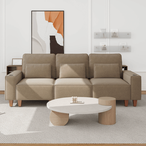 Divano Moderno e Confortevole a 3 Posti in Ciniglia con Seduta Profonda, Portabicchieri in Acciaio Inox Spazzolato e 3 Cuscini Decorativi Lavabili - Product Image 2