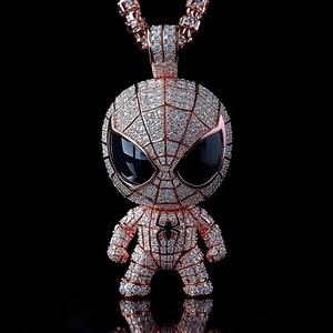 Colgante de Plata 925 con Moissanita Redonda Auténtica de Spiderman y Labubu, Chapado en Oro Rosa de 14K, Joyería de Regalo de Cumpleaños Estilo Hip Hop - Product Image 1