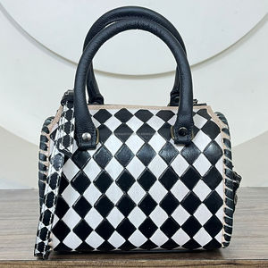Fashionable Women Luxury Designer Hand-Tooled Leather Speedy Duffel <b>Bag</b> Large Capacity Black & White Checkered Medium Travel <b>Bag</b> - Product Image 6