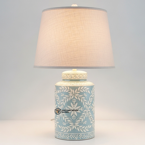 Lampe moderne en os bleu incrusté avec abat-jour en tissu |   Éclairage de luxe pour salon et chambre à coucher - Product Image 1