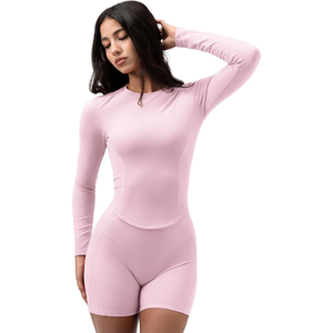 Combinaison de yoga sans couture rose à manches longues pour femme, col rond, couleur unie, manches longues, tenue de sport ajustée - Product Image 6
