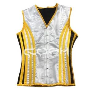 Gilet corset élégant en satin blanc pour homme |   Gilet corset gothique steampunk avec bordure jaune - Product Image 1