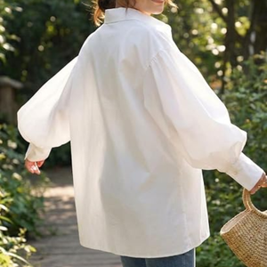 Camisa con botones y mangas abullonadas para mujer, blusa informal de corte holgado, top con cuello y manga larga para uso diario y de oficina - Product Image 5