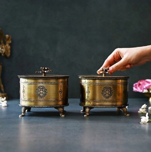 Brass <b>Round</b> Ornamental Box Candy Tray Nuts Storage Platter for Dining Room Stainless Steel Metal <b>Table</b> Home Decor Contemporary - Product Image 1