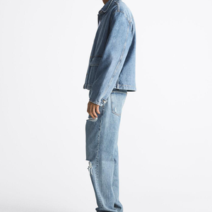Customized Classics Y2K Denim <b>Jacket</b> Blue Washed Collar <b>Jacket</b> <b>Men</b> Outerwear With Pocket - Product Image 1