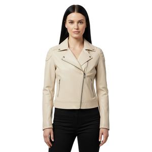 Chaqueta de Motociclista de Cuero Crema Personalizada para Mujer, Chaqueta de Cuero Genuino Estilo Motero, Suministro al por Mayor de Fábrica OEM en Grandes Cantidades - Product Image 1