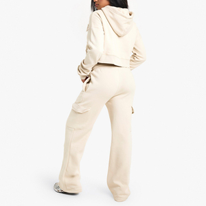 Custom Women's Winter Solid Hooded Cargo Tracksuit <b>Set</b> High Neck Crop Top and <b>Joggers</b> 2 Piece <b>Matching</b> Pockets Casual Outfit - Product Image 5