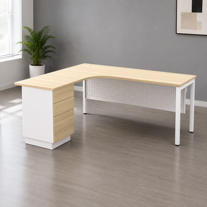 Escritorio de Oficina en Forma de L con Pedestal de 3 Cajones, Patas Metálicas, Diseño Minimalista para Oficina en Casa o Uso Comercial - Product Image 1