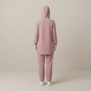 Ensemble de survêtement islamique 2 pièces à capuche et manches longues pour femme REDDITO, broderie, coupe classique, couleur unie, polaire, écologique, automne - Product Image 3