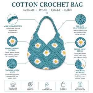 Sac fourre-tout artisanal en coton au crochet, motif floral Granny Square, réutilisable, style bohème, à porter à l'épaule - Product Image 6