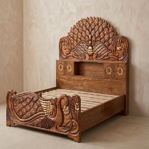 Natural <b>oak</b> wood <b>frame</b> with a button-tufted fabric headboard insert, available at wholesale prices - Product Image 3