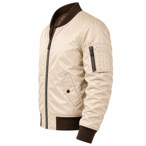 Men's Beige Bomber Jacket Solid Color <b>Covered</b> <b>Button</b> Closure Contrast Ribbed Collar Sleeve Casual Outerwear Winter Front - Product Image 3