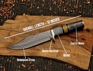 Couteau Bowie droit en acier Damas fait main A&M ENTERPRISES, manche en bois, couteau de chasse, de survie et de camping industriel. - Product Image 6