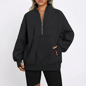 Sweat-shirt noir pour femme à demi-zip, en molleton épais de qualité supérieure, coupe oversize, avec poche kangourou, idéal pour se détendre - Product Image 1