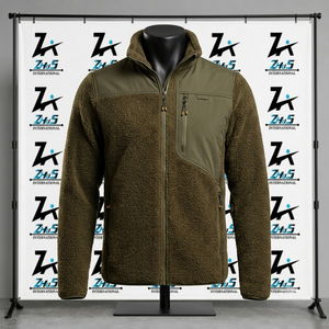 2026 Men's Olive Green Fleece Sherpa Slim <b>Patchwork</b> <b>Jacket</b> Zipper Closure Windproof Winter Casual Outerwear - Product Image 1