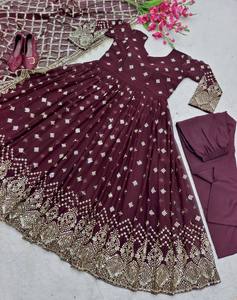Robe Anarkali brodée marron, longue jusqu'au sol, avec dupatta, tenue de mariage traditionnelle indienne et pakistanaise pour femmes - Product Image 4