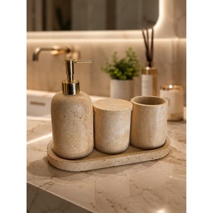 Marble Bathroom Set Three-Piece Oval Minimalist Soap Dispenser <b>Toothbrush</b> <b>Holder</b> Tray Easy To Clean - Product Image 1