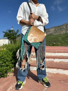 Unique Western Style <b>Tooled</b> Hair on Hide Fur <b>Leather</b> Sling Bag Women Embossed Colour <b>Tooled</b> Fur <b>Leather</b> Vintage Style Side Bag - Product Image 2