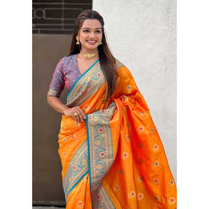 Sari de Seda Suave Naranja Elite Weaves con Diseño de Girasol Butta Meenakari y Bordado Zari, Vestidos Elegantes para la Noche - Product Image 1