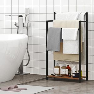 Freestanding Double Layer <b>Towel</b> Rack With <b>Shelf</b> Black Steel Minimalist <b>Bathroom</b> Organizer 3 Bars Over 60cm - Product Image 1