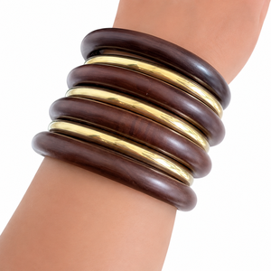 Conjunto de brazaletes gruesos de madera y latón hechos a mano, pulseras llamativas para mujer, accesorios de joyería de moda - Product Image 1